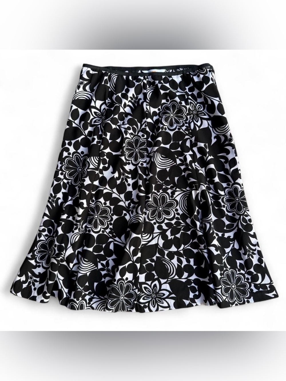 Black White Mod Retro Floral Midi Skirt - Central Falls Co. Made in USA - Size M